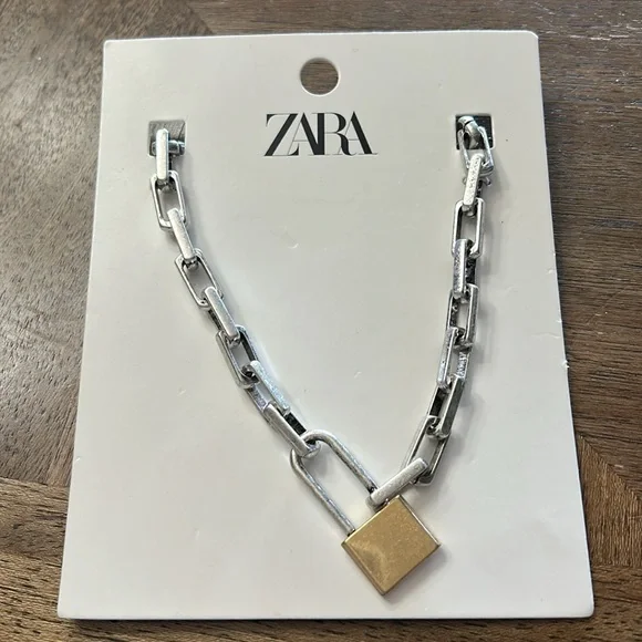 Zara Gold and Silver Tone Padlock Chain Necklace New Retired - Picture 2 of 3